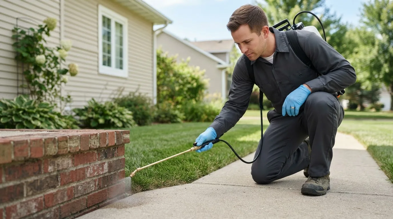 Pest control technician treating a home near Lakeville, IN